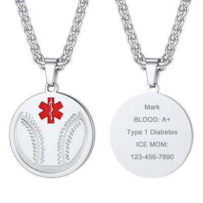 Supcare Engraved Stainless Steel Necklace Medical Alert Necklace for Men Customize Baseball Necklace Personalized Medical Id Necklace