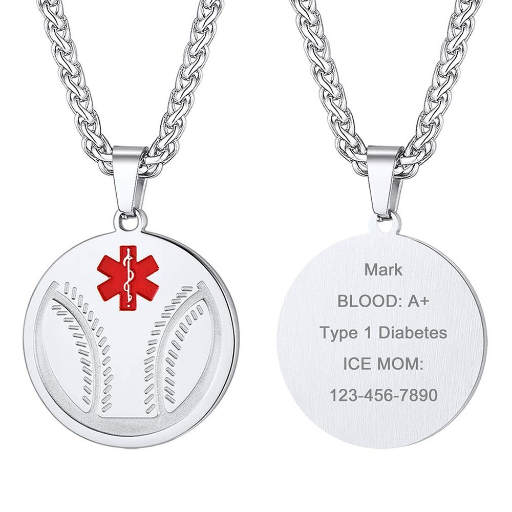 Supcare Engraved Stainless Steel Necklace Medical Alert Necklace for Men Customize Baseball Necklace Personalized Medical Id Necklace