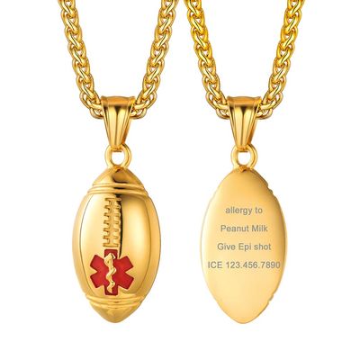 Supcare Medical Id Necklace for Men Football Chain Mens Jewelry Engraved Mens Necklace Stainless Steel Medical Alert Necklace Gold