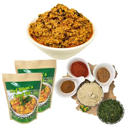 Chef Lilian's Egusi Kit- Nigerian West African Food Kit with Ground Melon Seeds (Egusi), Dehydrated Spinach, Seasoning cubes, Hot pepper Powder, Soup base, 8 Servings (Pack of 2)