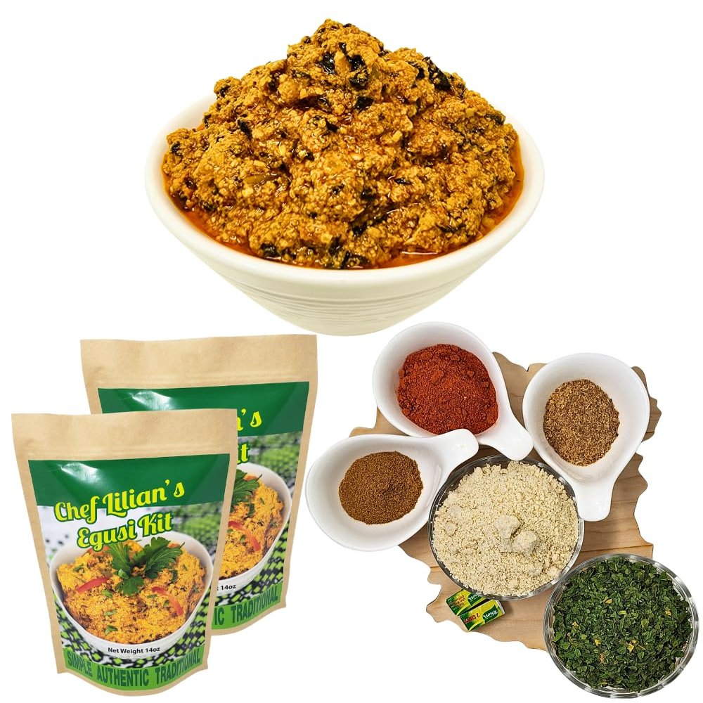 Chef Lilian's Egusi Kit- Nigerian West African Food Kit with Ground Melon Seeds (Egusi), Dehydrated Spinach, Seasoning cubes, Hot pepper Powder, Soup base, 8 Servings (Pack of 2)
