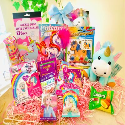 Birthday / Get Well gift Basket for Kids Quality Snacks - Organic Cookies and Fun Activities! (Magical Unicorn Girls 3-9)