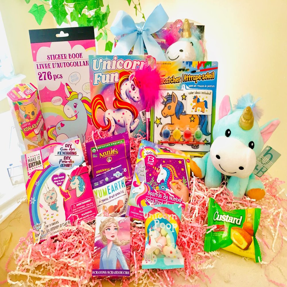 Birthday / Get Well gift Basket for Kids Quality Snacks - Organic Cookies and Fun Activities! (Magical Unicorn Girls 3-9)