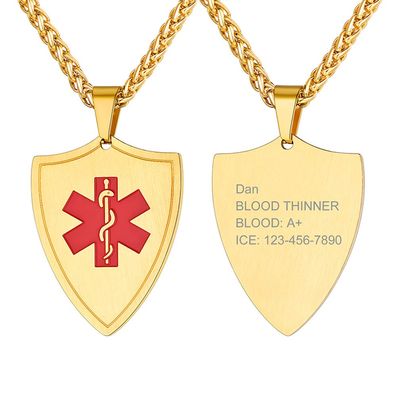 Supcare Medical Alert Necklace Gold Engraved Mens Necklace Customizable Necklace Men Stainless Steel Necklace Shiled Id Pendant