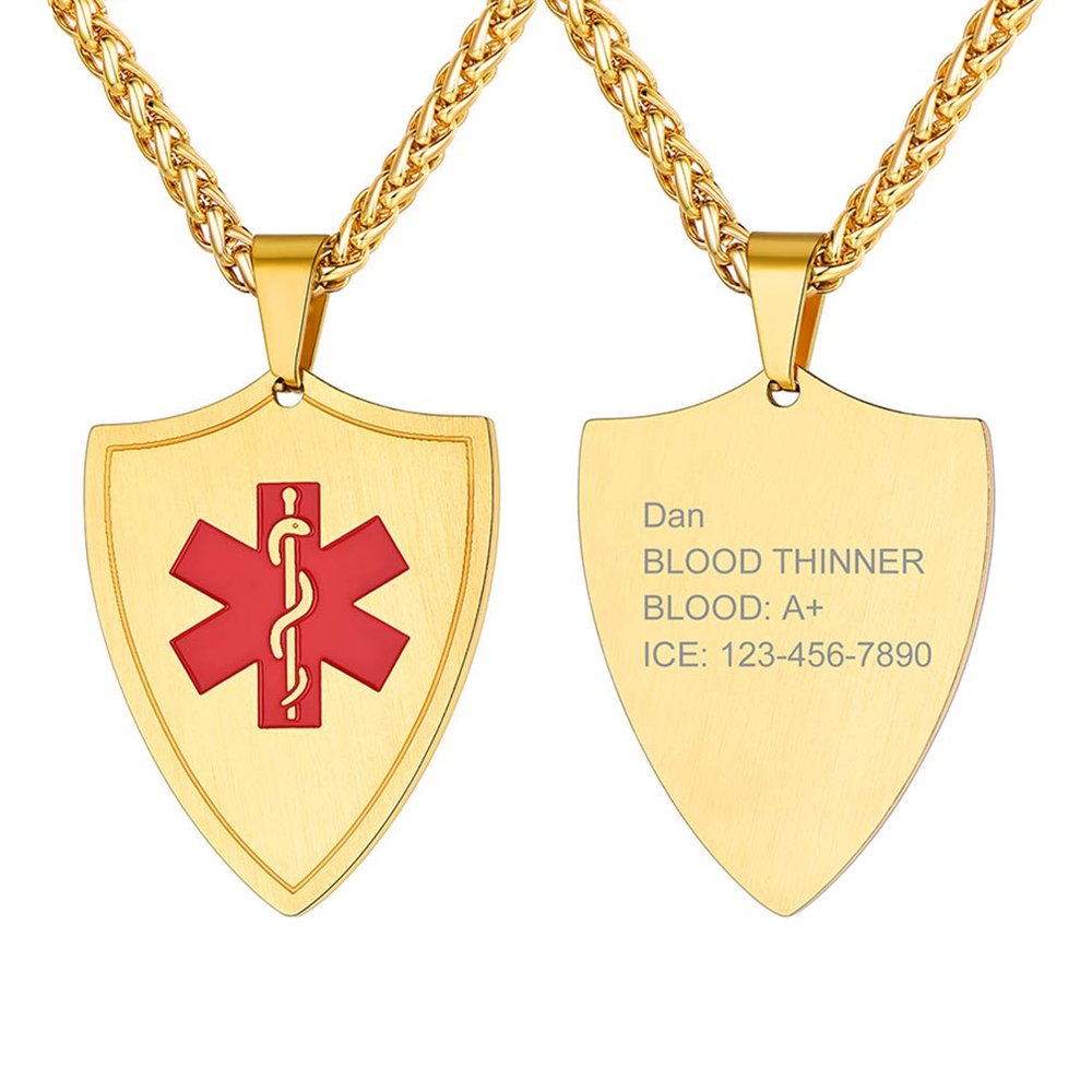 Supcare Medical Alert Necklace Gold Engraved Mens Necklace Customizable Necklace Men Stainless Steel Necklace Shiled Id Pendant