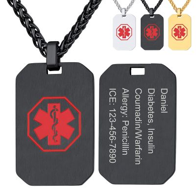 Supcare Personalized Dog Tag Necklace for Men - Black Engraved Life Alert Custom Emergency Necklace