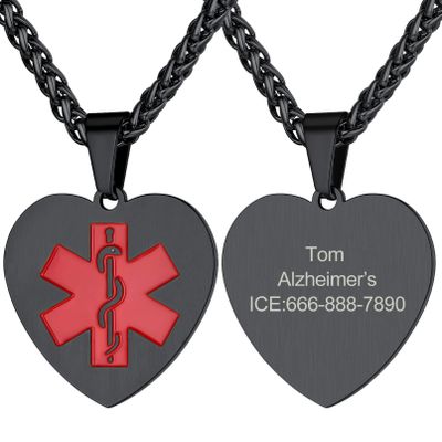 Supcare Engraved Medical Alert Necklace for Women Stainless Steel Necklace Custom Heart Necklace Waterproof Jewelry Necklace
