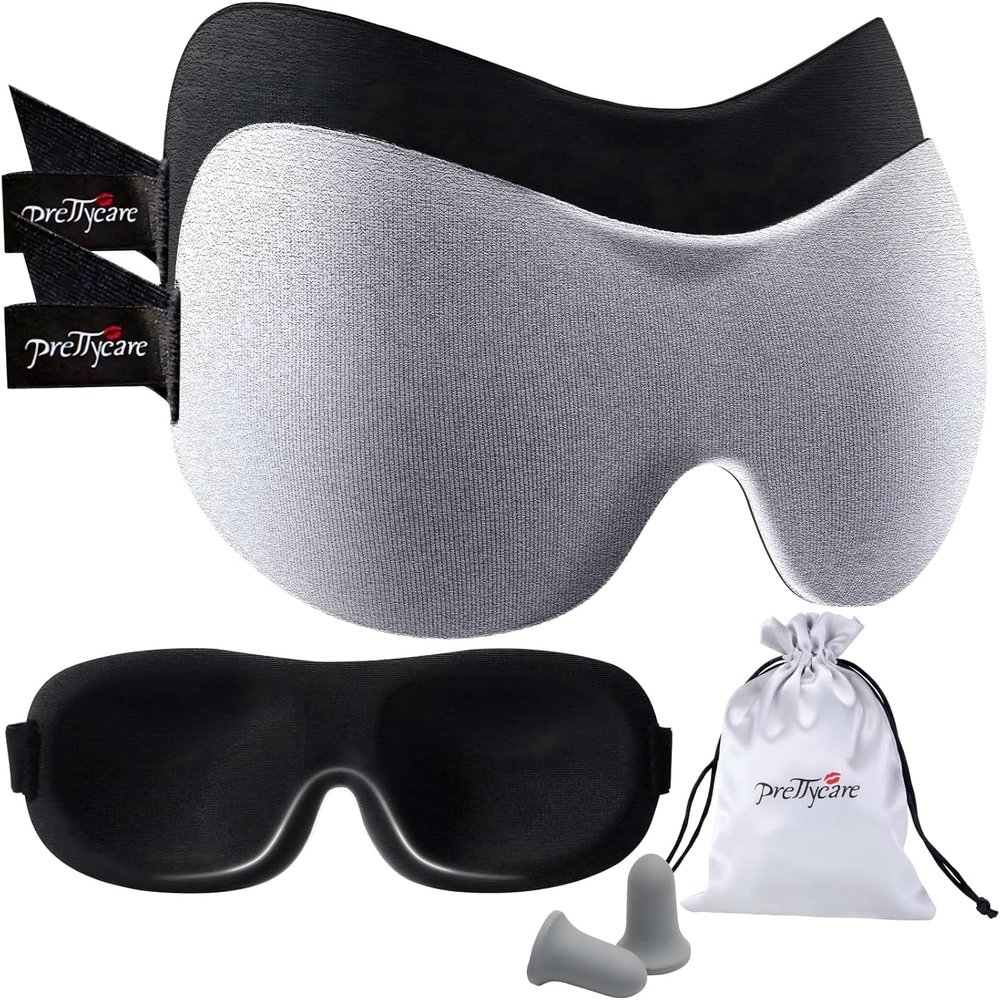 PrettyCare 3D Sleep Mask 2 Pack,Eye Mask for Side Sleeper -3D Contoured Sleeping Mask Blackout Out for Men Women - Zero Eye Pressure Blindfold with Ear Plugs, Night Masks with Travel Bag (BlackGrey)
