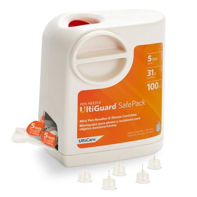 All-in-One UltiGuard Safe Pack Pen Needles and Sharps Container for at-Home Insulin Injections and Safe Needle Disposal, Size: Mini 5mm (3/16) x 31G, 100 Count