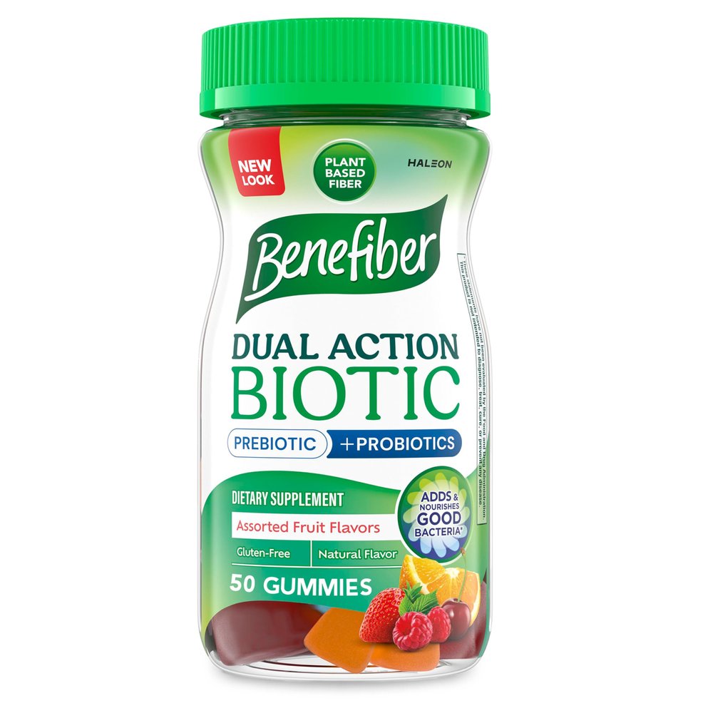Benefiber Prebiotic Fiber Supplement Gummies with Probiotics for Digestive Health, Assorted Fruit Flavors - 50 Count