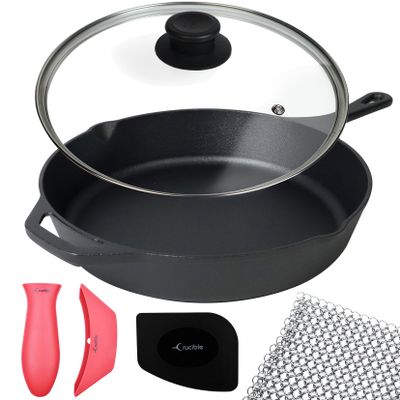 10.25-Inch Cast Iron Skillet Set (Pre-Seasoned), Including Large & Assist Silicone Hot Handle Holders, Glass Lid, Cast Iron Cleaner Chainmail Scrubber, Scraper | Indoor & Outdoor Use