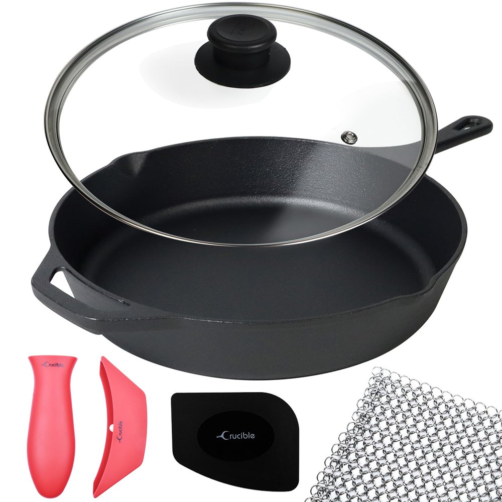 10.25-Inch Cast Iron Skillet Set (Pre-Seasoned), Including Large & Assist Silicone Hot Handle Holders, Glass Lid, Cast Iron Cleaner Chainmail Scrubber, Scraper | Indoor & Outdoor Use