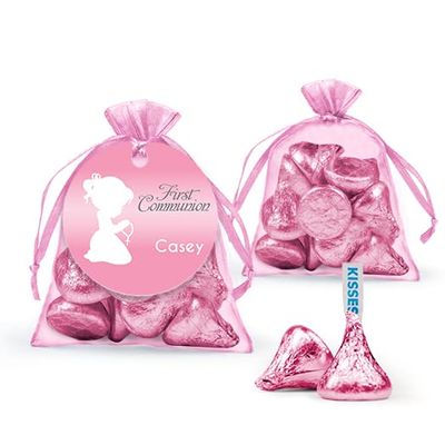 Personalized Girl Communion Party Favors (24 Count) Pink Organza Bags with Kisses Candy