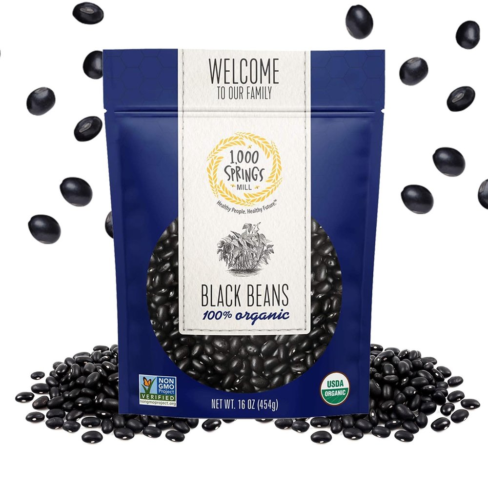 1000 SPRINGS MILL - Organic Black Beans | Used for Soups, Salads, Chili, Dips or Various Breakfast Dishes | Bulk Dry Black Beans | Resealable Bag | Vegan Friendly | 16oz (Pack of 1)