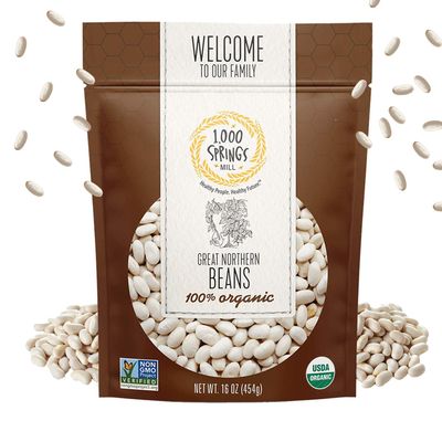 1000 SPRINGS MILL - Organic Great Northern Beans - Used for Salads, Soups, Stews, Casseroles, Chili, and Snacks - Bulk Dry White Beans - Resealable Bag - Vegan Friendly - 16oz (Pack of 1)