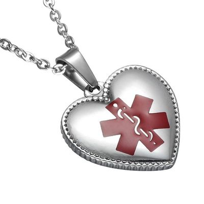 LiFashion LF Womens 316l Stainless Steel ICE Sos Emergency Addisons Medical Alert Necklace Heart ID Tag Pendant Health Alert Monitoring Silver for Woman