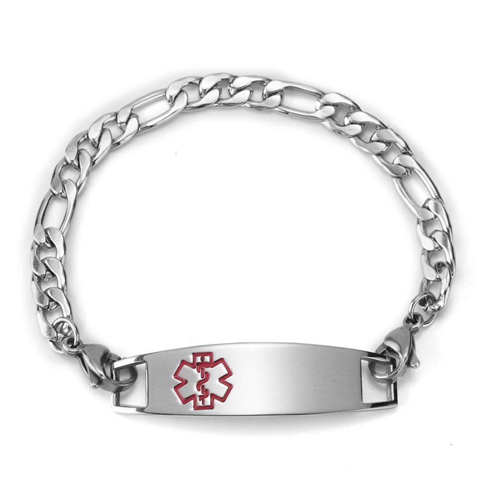 AMOZO JEWELRY Free Engraving Medical Alert Bracelet Stainless Steel Figaro Chain Emergency ID Bracelets for Women