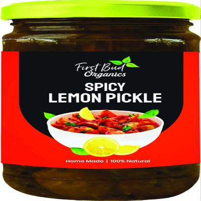 First Bud Organics Spicy Lemon Pickle, 350 G | No Preservatives | Homemade |