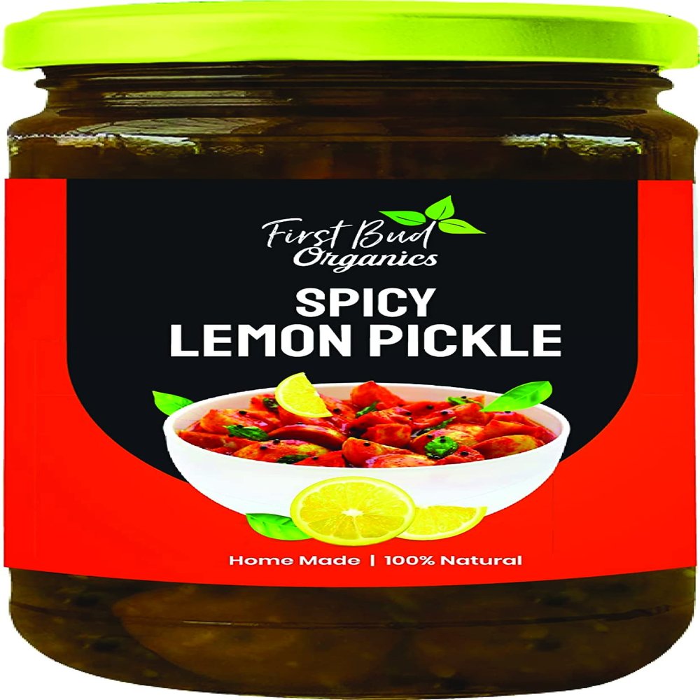 First Bud Organics Spicy Lemon Pickle, 350 G | No Preservatives | Homemade |