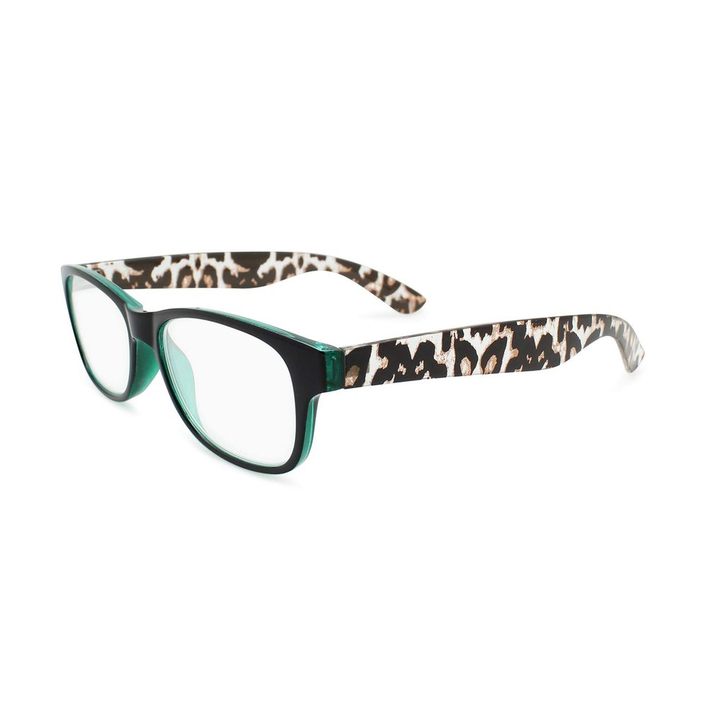 2SeeLife Classic Square Reading Glasses: Animal Print Temples, Fully Magnified Lenses | Black, 3.00