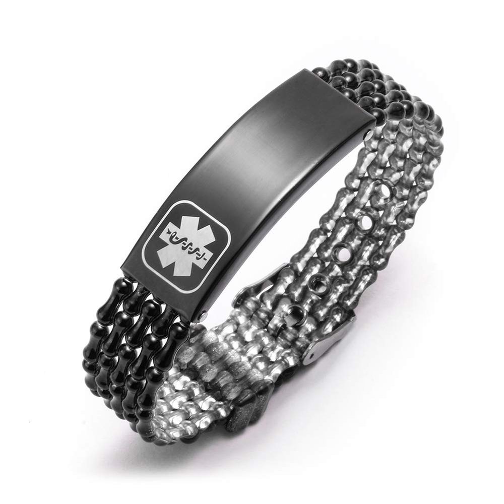 AMOZO JEWELRY Diabetic Medical Alert Bracelet for Men Sport Waterproof 6.5 to 8 inches Free Engraving