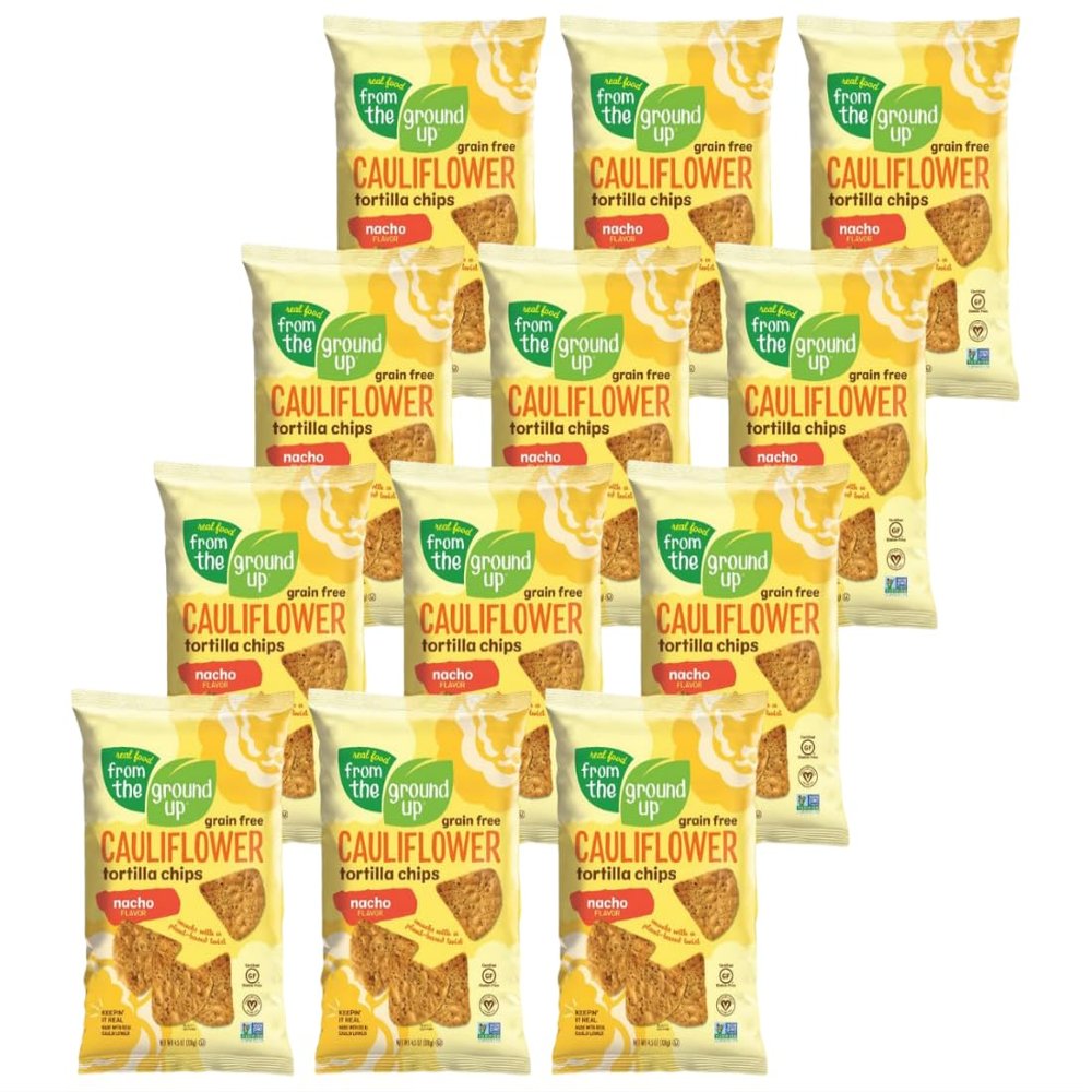 From the Ground Up Cauliflower Tortilla Chips Nacho Flavor, Made with Real Cauliflower, Plant Based, Non GMO, Gluteen Free, 4.5 Ounce (Pack of 12)