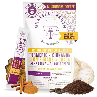 Grateful Earth Mushroom Coffee, Coconut Instant Coffee with Lions Mane Mushrooms, Chaga, Turmeric, L-Theanine, Cinnamon, Super Brain Blend For Energy & Immune Support, Dairy & Gluten Free, 20 Packets