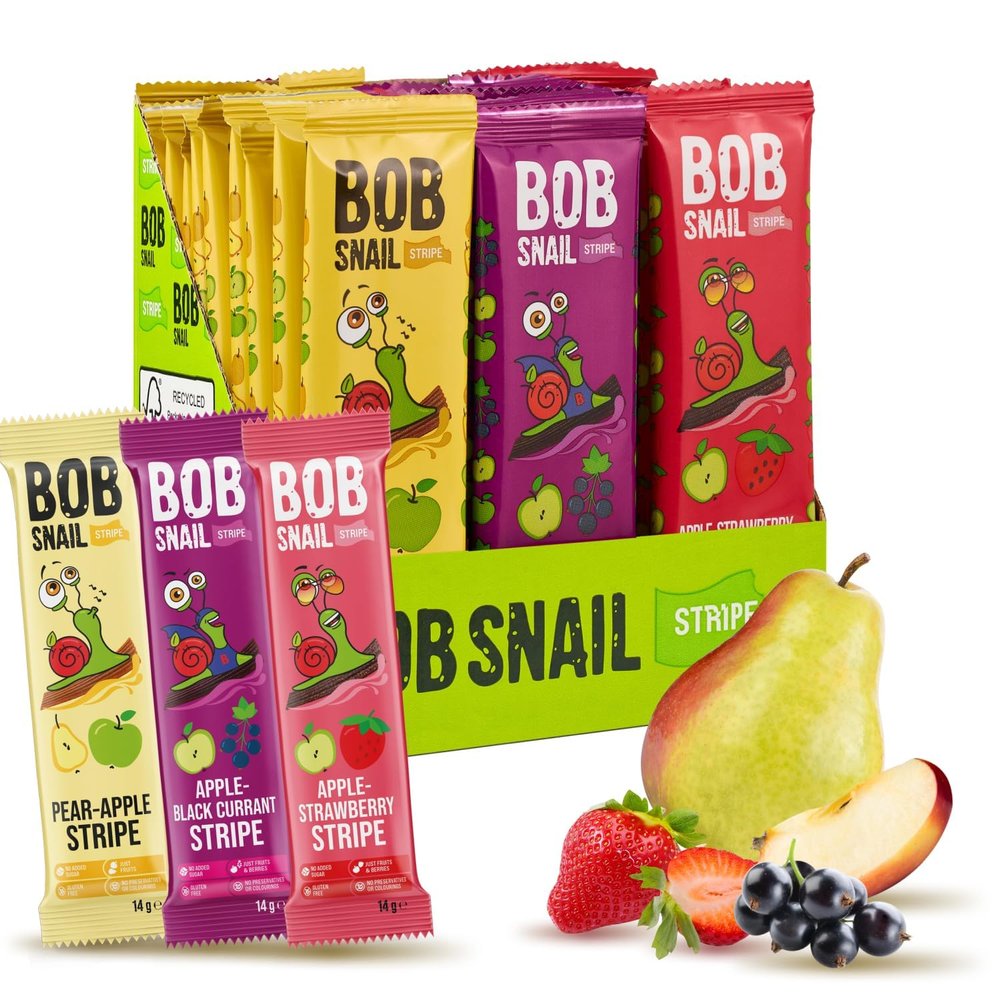 BOB SNAIL Healthy Fruit Snacks for Kids and Adults30 Fruit Leather Snacks with Apple-Pear, Strawberry, Black CurrantVegan Low-Carb Variety Pack Strips for KidsSugar Free Jerky Bars