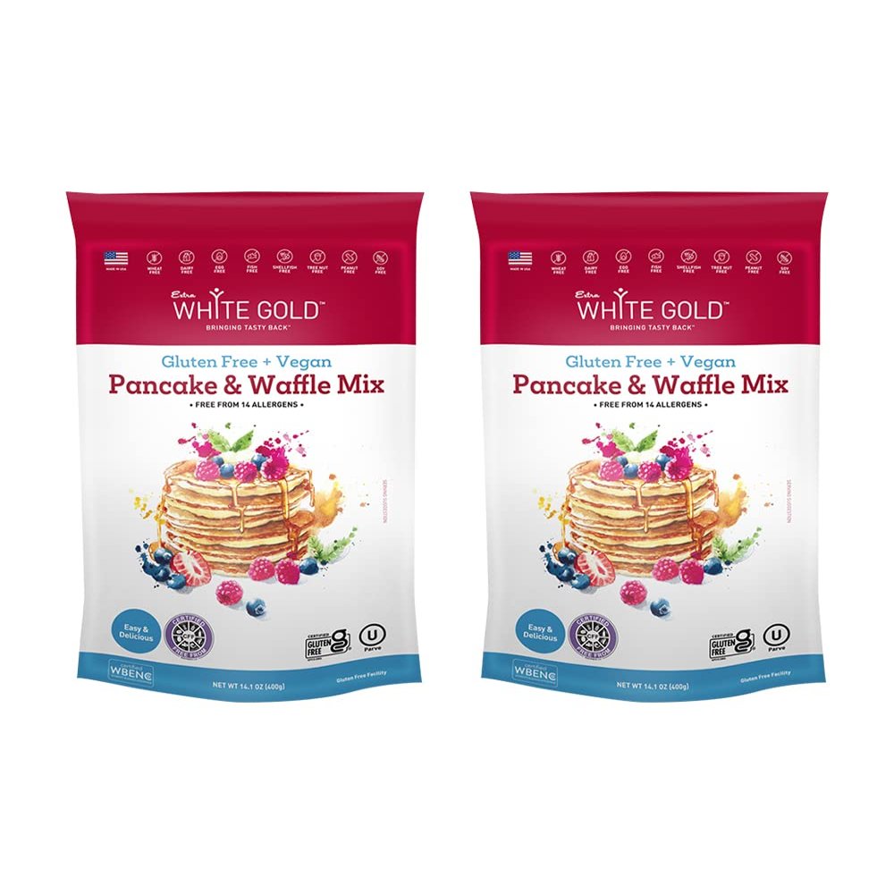 Extra White Gold Pancake & Waffle Mix  For Baking Cakes Cupcakes Desserts  [Gluten Free] [Nut Free] [Free of the Top 14 Major Allergens]  14.1 Ounces (2 Pack)