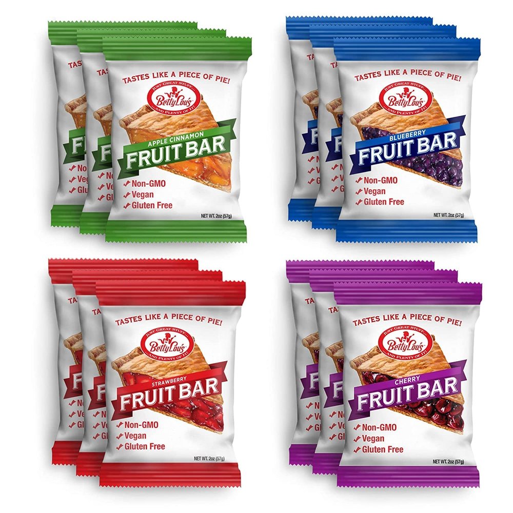 Betty Lou's Fruit Bars Variety Pack, Gluten Free Snacks for Adults and Kids, 4 Flavors of Vegan Breakfast & Cereal Bars, Apple Cinnamon, Blueberry, Strawberry, and Cherry, 12 Pack