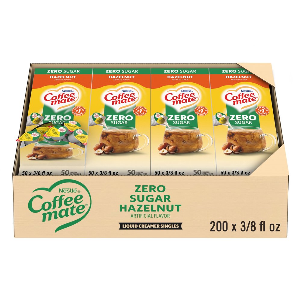 Nestle Coffee mate Coffee Creamer, Zero Sugar Hazelnut, Liquid Creamer Singles, Non Dairy, No Refrigeration, 0.375 fl oz Tubs (Pack of 200)