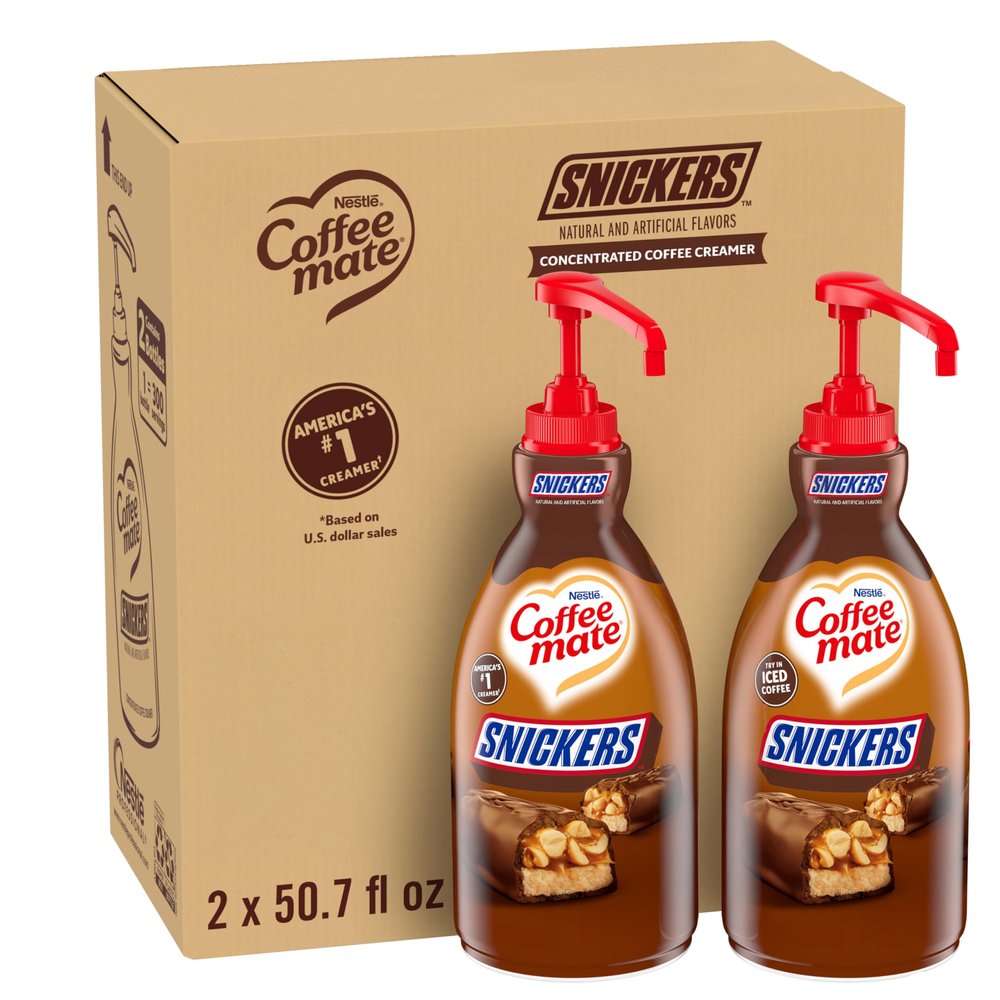 Nestle Coffee mate Coffee Creamer, Snickers, Concentrated Liquid Pump Bottle, Non Dairy, No Refrigeration, 50.7 fl oz (Pack of 2)