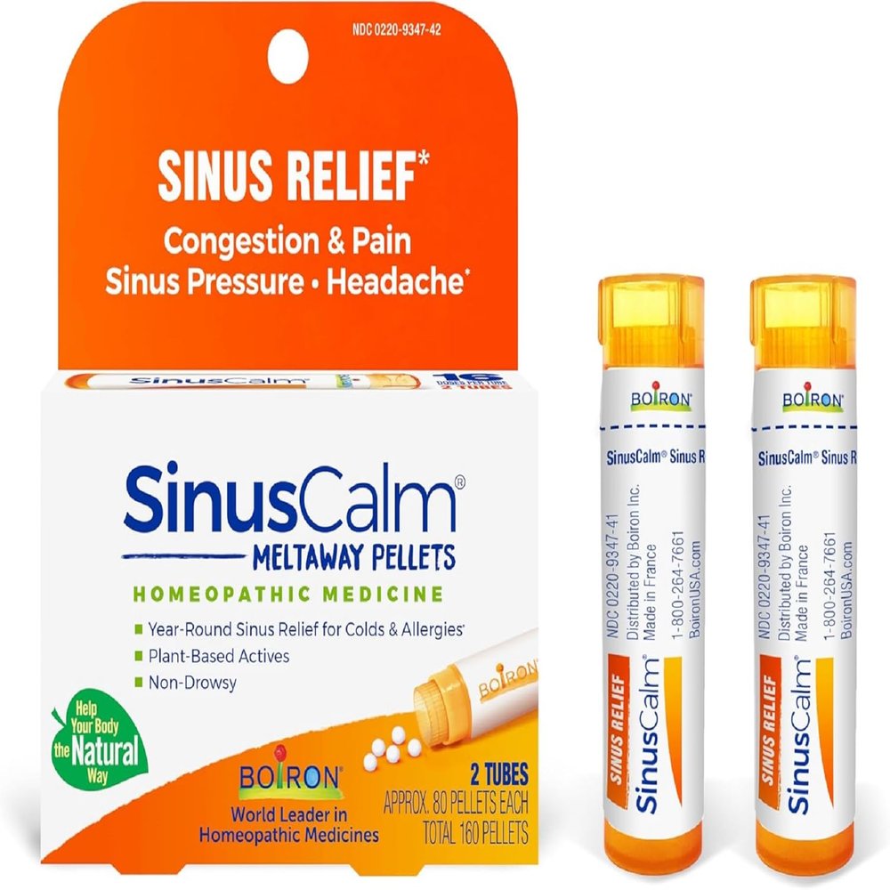 Boiron SinusCalm Pellets for Sinus Pain Relief, Runny Nose, Congestion, Sinus Pressure, Headache - 2 Count (160 Pellets)