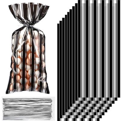 Blulu 100 Pcs Plastic Black and White Stripe Cellophane Treat Bags, Cellophane Candy Goodies Bags with 100 Silver Twist Ties for Gift Birthday Mother's Day Teachers' Day Party Favors Supplies
