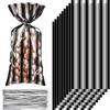 Blulu 100 Pcs Plastic Black and White Stripe Cellophane Treat Bags, Cellophane Candy Goodies Bags with 100 Silver Twist Ties for Gift Birthday Mother's Day Teachers' Day Party Favors Supplies view 1