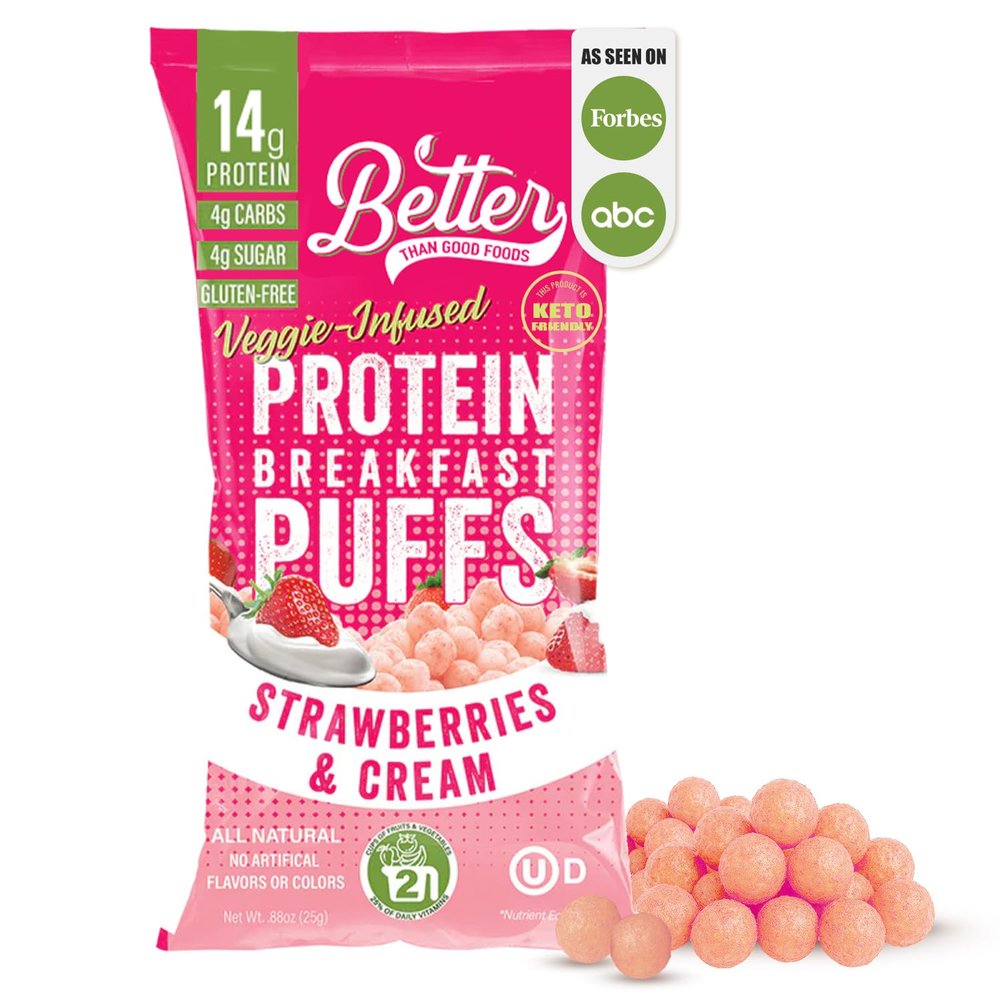 Better Than Good Savory Keto Strawberries & Cream 14g Protein Puffs Gluten-Free, Low Calorie, High Protein, Low Carb, Paleo, Sugar-Free Healthy Organic Snacks for Kids & Diabetics, No Artificial Flavors | 0.88oz (Pack of 4)