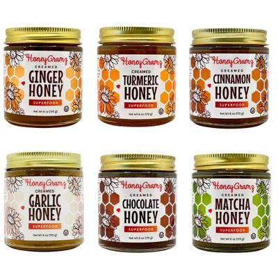 HoneyGramz Raw Unfiltered Superfood Creamed Honey - Organic Matcha, Turmeric, Ginger, Cinnamon, Chocolate, and Garlic. Small Batch, Handcrafted and Unprocessed - Rich in Nutrients and Beneficial Enzymes - 100% Raw,