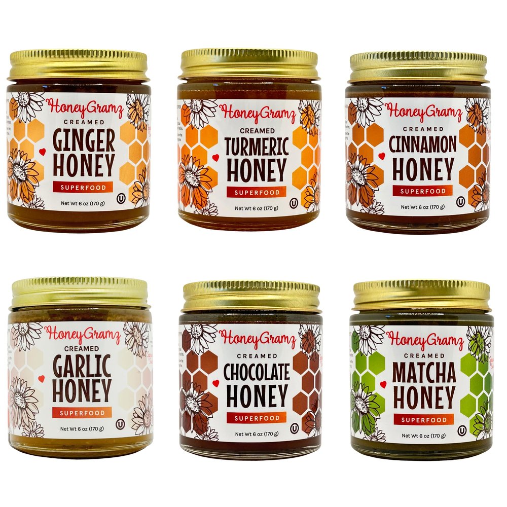 HoneyGramz Raw Unfiltered Superfood Creamed Honey - Organic Matcha, Turmeric, Ginger, Cinnamon, Chocolate, and Garlic. Small Batch, Handcrafted and Unprocessed - Rich in Nutrients and Beneficial Enzymes - 100% Raw,