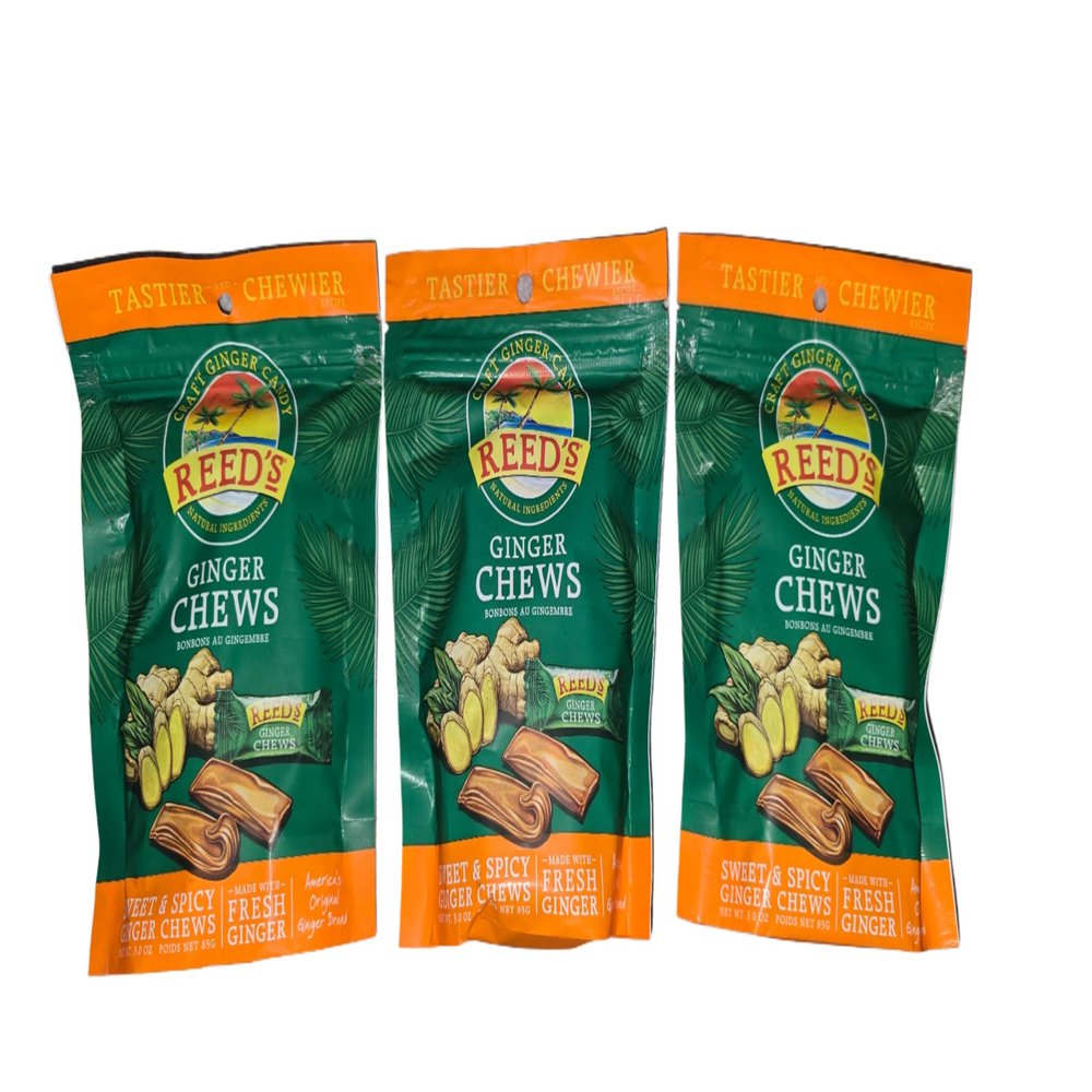 Reed's All Natural Ginger Chews Chewy Ginger Candy - Sweet & Spicy Individually Wrapped Candy For Snacking, Upset Stomach & Morning Sickness - Vegan Snacks (3oz Bag, Pack of 3)
