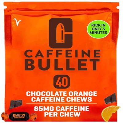 Caffeine Bullet Energy Chews - Chocolate Orange. 40 * 85mg - Faster Kick Than Pills, Gels and Gum. Sport Science for Running, Cycling, Gaming & A Pre Workout Endurance Boost.