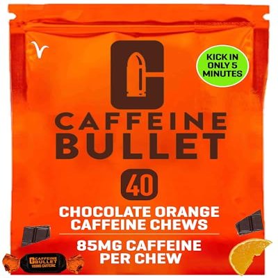 Caffeine Bullet Energy Chews - Chocolate Orange. 40 * 85mg - Faster Kick Than Pills, Gels and Gum. Sport Science for Running, Cycling, Gaming & A Pre Workout Endurance Boost.