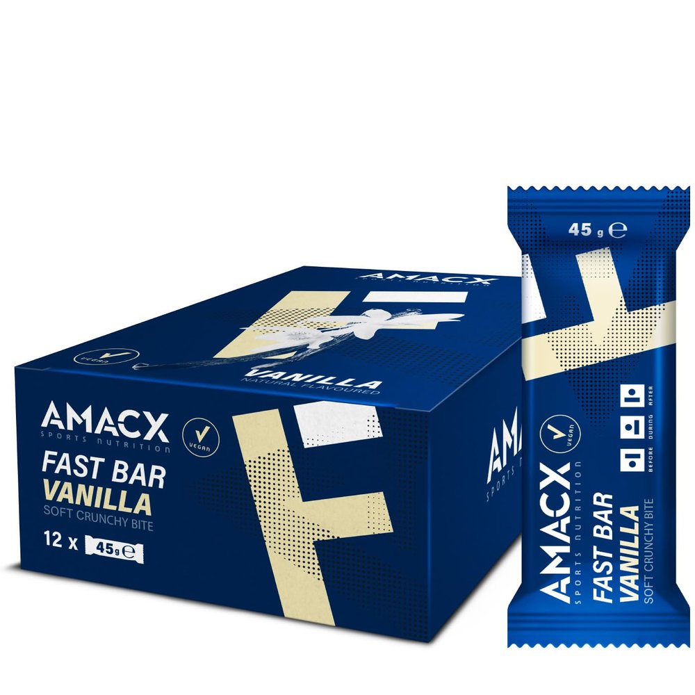 AMACX Fast Bar Energy Bar for Endurance Athletes 12 x 45g Vegan Protein Bars 40% Almond content Healthy Sports Snack Bars 2:1 Carbohydrates (31g) ratio & Natural Electrolytes Vanilla