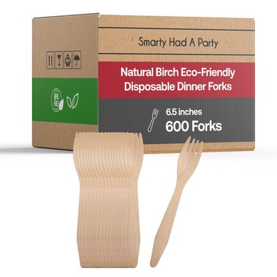 100% Compostable Disposable Forks 600 Pcs - Eco-Friendly Birch Wood Forks - 6.5" Biodegradable Heavy Duty Fork Set - Wooden Silverware Cutlery Utensils for Wedding, Birthday Party & All Occasions