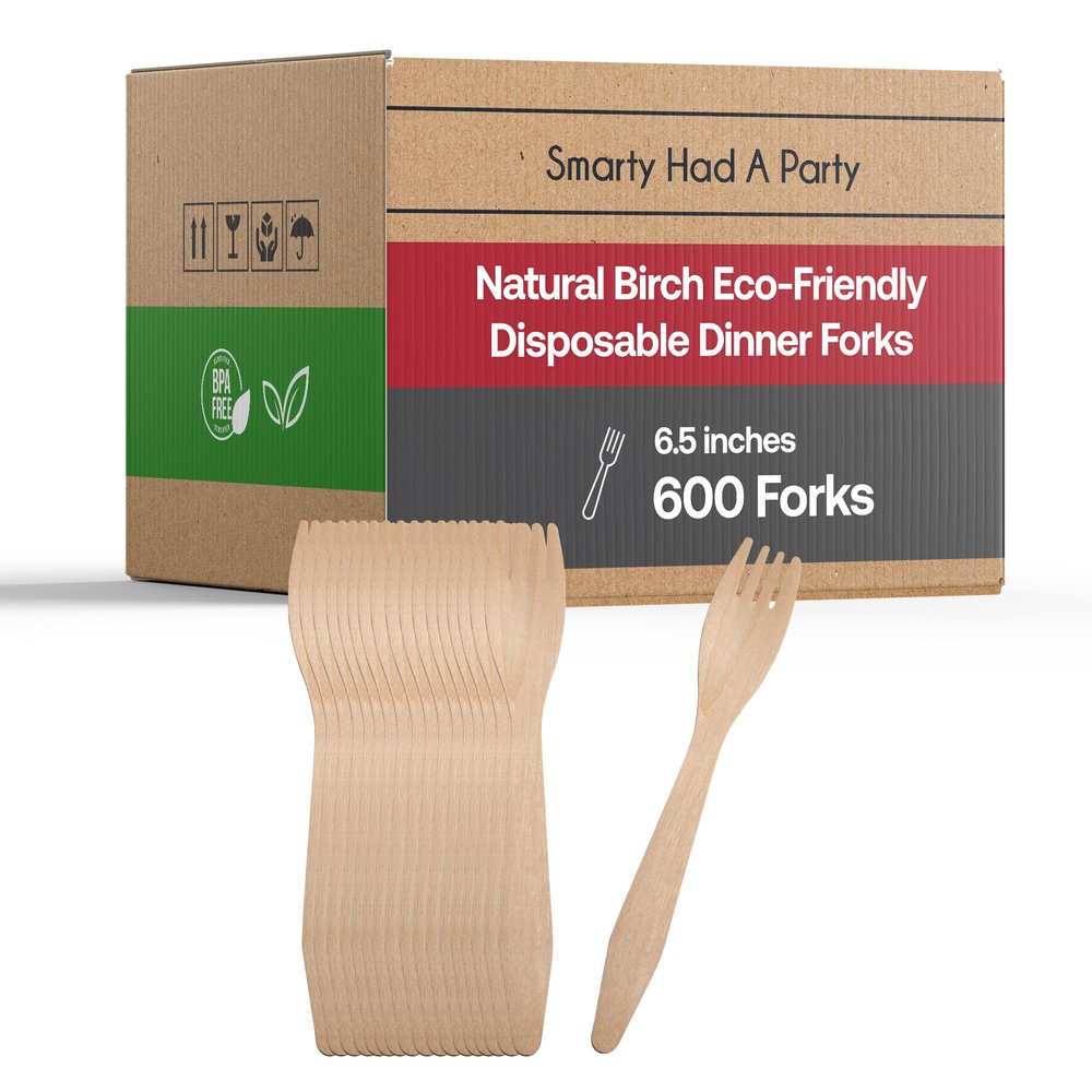 100% Compostable Disposable Forks 600 Pcs - Eco-Friendly Birch Wood Forks - 6.5" Biodegradable Heavy Duty Fork Set - Wooden Silverware Cutlery Utensils for Wedding, Birthday Party & All Occasions