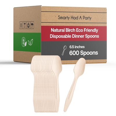100% Compostable Disposable Spoons 600 Pcs - Eco-Friendly Birch Wood Spoons - 6.5" Biodegradable Heavy Duty Spoon Set - Wooden Silverware Cutlery Utensils for Wedding, Birthday Party & All Occasions