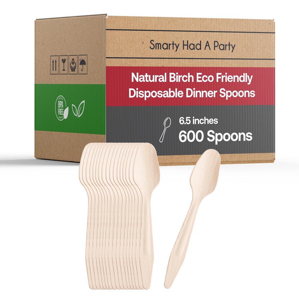 100% Compostable Disposable Spoons 600 Pcs - Eco-Friendly Birch Wood Spoons - 6.5" Biodegradable Heavy Duty Spoon Set - Wooden Silverware Cutlery Utensils for Wedding, Birthday Party & All Occasions