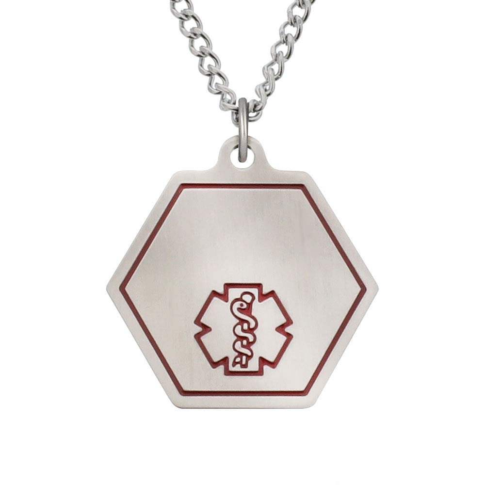 American Medical ID  Classic Alert Necklace With Stainless Steel Hexagon Identification Tag. Select 18, 20, 24 or 27 inch length. Alerts EMS To Medical Conditions, Allergies, Emergency Contacts.