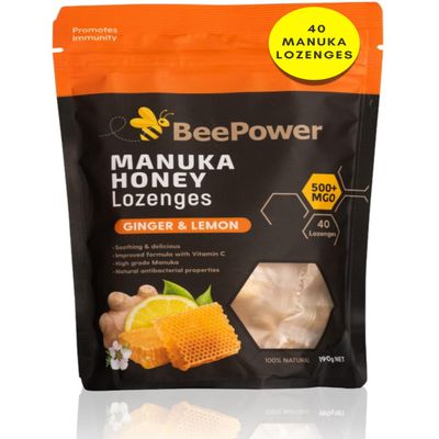 Bee Power Manuka Honey Lozenges | MGO 500+ Manuka Honey Drops | Contains 40 Lozenges Ginger Lemon Flavor | 6.7 Oz