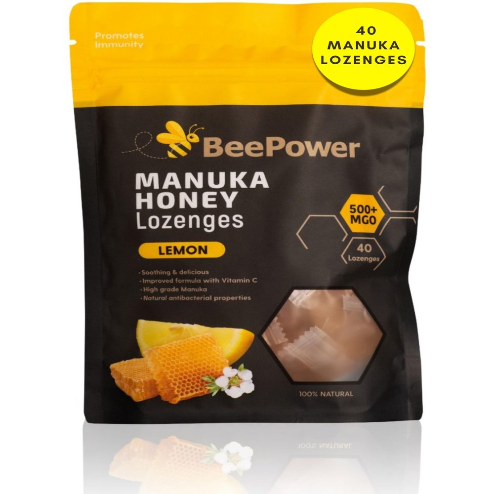 Bee Power Manuka Honey Lozenges | MGO 500+ Honey Cough Drops for Soothing Dry, Sore Throat | Contains 40 Lozenges Lemon Flavor | 6.7 Oz