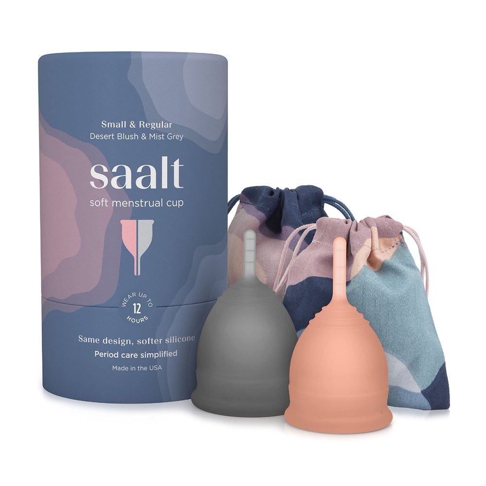 Saalt Soft Menstrual Cup  Reusable Period Cup  Made for Comfortable, Leak-Free Protection Up to 12 Hours  BPA & Latex Free  Includes Cup & Carry Bag (Regular Grey/Small Desert Blush)
